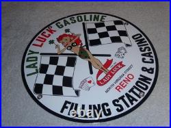 Vintage 1961 Lady Luck Woman Gasoline Station Casino 11 3/4 Porcelain Metal Sign