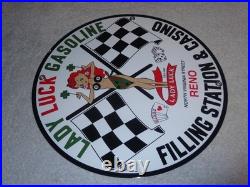 Vintage 1961 Lady Luck Woman Gasoline Station Casino 11 3/4 Porcelain Metal Sign
