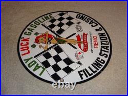 Vintage 1961 Lady Luck Woman Gasoline Station Casino 11 3/4 Porcelain Metal Sign