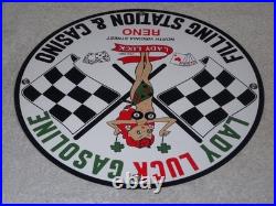 Vintage 1961 Lady Luck Woman Gasoline Station Casino 11 3/4 Porcelain Metal Sign