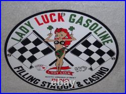 Vintage 1961 Lady Luck Woman Gasoline Station Casino 11 3/4 Porcelain Metal Sign