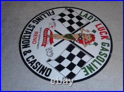 Vintage 1961 Lady Luck Woman Gasoline Station Casino 11 3/4 Porcelain Metal Sign