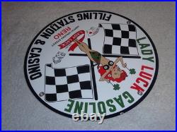 Vintage 1961 Lady Luck Woman Gasoline Station Casino 11 3/4 Porcelain Metal Sign
