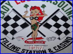 Vintage 1961 Lady Luck Woman Gasoline Station Casino 11 3/4 Porcelain Metal Sign