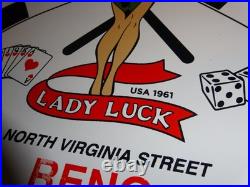Vintage 1961 Lady Luck Woman Gasoline Station Casino 11 3/4 Porcelain Metal Sign
