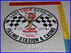 Vintage 1961 Lady Luck Woman Gasoline Station Casino 11 3/4 Porcelain Metal Sign