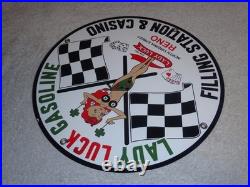 Vintage 1961 Lady Luck Woman Gasoline Station Casino 11 3/4 Porcelain Metal Sign