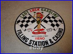 Vintage 1961 Lady Luck Woman Gasoline Station Casino 11 3/4 Porcelain Metal Sign