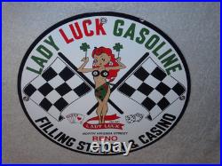 Vintage 1961 Lady Luck Woman Gasoline Station Casino 11 3/4 Porcelain Metal Sign