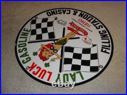 Vintage 1961 Lady Luck Woman Gasoline Station Casino 11 3/4 Porcelain Metal Sign