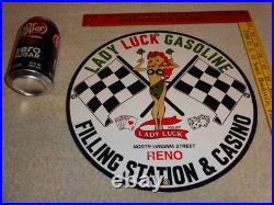 Vintage 1961 Lady Luck Woman Gasoline Station Casino 11 3/4 Porcelain Metal Sign
