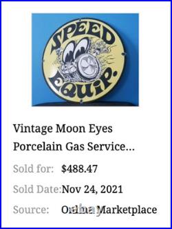 Vintage 1961 Moon Eyes Speed Equipment 11 3/4 Porcelain Metal Gasoline Oil Sign