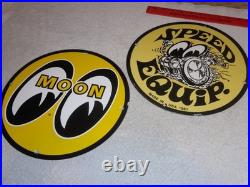 Vintage 1961 Moon Eyes Speed Equipment 11 3/4 Porcelain Metal Gasoline Oil Sign
