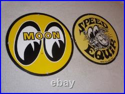 Vintage 1961 Moon Eyes Speed Equipment 11 3/4 Porcelain Metal Gasoline Oil Sign