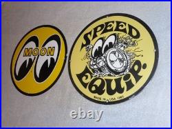 Vintage 1961 Moon Eyes Speed Equipment 11 3/4 Porcelain Metal Gasoline Oil Sign