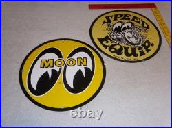 Vintage 1961 Moon Eyes Speed Equipment 11 3/4 Porcelain Metal Gasoline Oil Sign