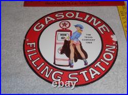 Vintage 1964 Texaco Filling Station Gasoline Pump Woman Porcelain Metal Oil Sign