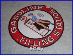 Vintage 1964 Texaco Filling Station Gasoline Pump Woman Porcelain Metal Oil Sign