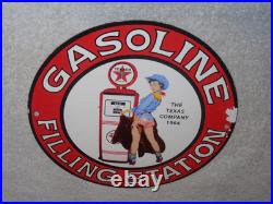 Vintage 1964 Texaco Filling Station Gasoline Pump Woman Porcelain Metal Oil Sign