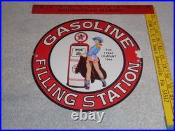 Vintage 1964 Texaco Filling Station Gasoline Pump Woman Porcelain Metal Oil Sign