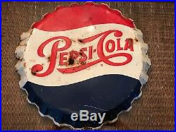 Vintage 1965 Pepsi Cola Soda Pop Bottle Cap Gas Station 19 Embossed Metal Sign