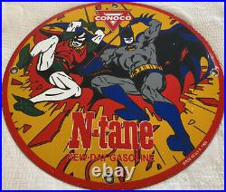 Vintage 1966 Conoco Gasoline 12 Porcelain Sign Metal Comic Oil Batman & Robin