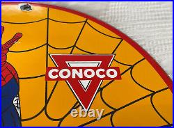 Vintage 1968 Spider Man Ntane Conoco Gasoline 12 Porcelain Metal Comic Oil Sign