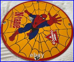 Vintage 1968 Spider Man Ntane Conoco Gasoline 12 Porcelain Metal Comic Oil Sign