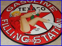 Vintage 1969 Texaco Station Cowgirl 11 3/4 Porcelain Metal Gasoline Oil Sign