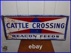 Vintage 1972 Cattle Crossing Beacon Feeds Self Framed Metal Sign