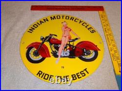 Vintage 1972 Indian Motorcycles Ride The Best +woman 11 3/4 Porcelain Gas Sign