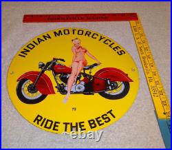 Vintage 1972 Indian Motorcycles Ride The Best +woman 11 3/4 Porcelain Gas Sign