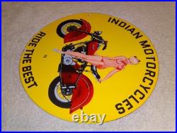 Vintage 1972 Indian Motorcycles Ride The Best +woman 11 3/4 Porcelain Gas Sign