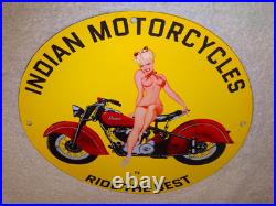 Vintage 1972 Indian Motorcycles Ride The Best +woman 11 3/4 Porcelain Gas Sign