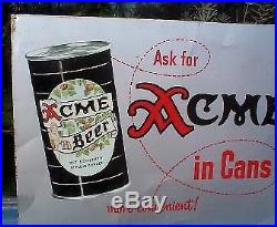 Vintage 24inx17in Acme Beer Brewing Metal Sign With Bottle Can Graphic