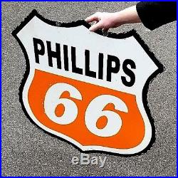 Vintage 30in Phillips 66 Gasoline Porcelain Metal Sign Gas orange White 2 sided