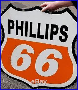 Vintage 30in Phillips 66 Gasoline Porcelain Metal Sign Gas orange White 2 sided