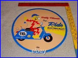 Vintage 56 Reddy Kilowatt Electric Scooter 11 3/4 Porcelain Metal Gasoline Sign