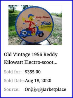 Vintage 56 Reddy Kilowatt Electric Scooter 11 3/4 Porcelain Metal Gasoline Sign