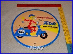 Vintage 56 Reddy Kilowatt Electric Scooter 11 3/4 Porcelain Metal Gasoline Sign