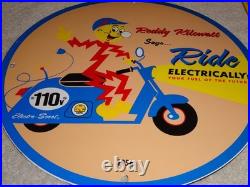 Vintage 56 Reddy Kilowatt Electric Scooter 11 3/4 Porcelain Metal Gasoline Sign