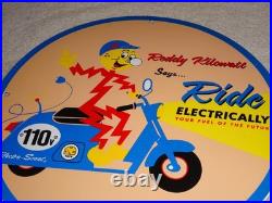 Vintage 56 Reddy Kilowatt Electric Scooter 11 3/4 Porcelain Metal Gasoline Sign