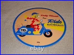 Vintage 56 Reddy Kilowatt Electric Scooter 11 3/4 Porcelain Metal Gasoline Sign