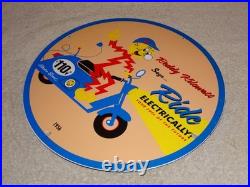 Vintage 56 Reddy Kilowatt Electric Scooter 11 3/4 Porcelain Metal Gasoline Sign