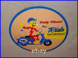 Vintage 56 Reddy Kilowatt Electric Scooter 11 3/4 Porcelain Metal Gasoline Sign