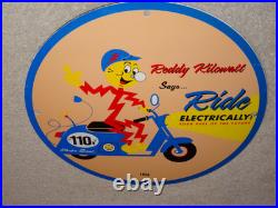 Vintage 56 Reddy Kilowatt Electric Scooter 11 3/4 Porcelain Metal Gasoline Sign