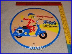 Vintage 56 Reddy Kilowatt Electric Scooter 11 3/4 Porcelain Metal Gasoline Sign