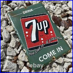 Vintage 7UP Soda Pop Porcelain Metal Sign It Like You Beverage Grocery Green Red
