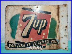 Vintage 7UP -YOU LIKE IT- 1941 Original Double-Sided Metal Flange Sign 14x10