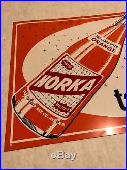 Vintage Akron Ohio Norka Orange Soda Bottle Sign Original Metal Advertising Vf